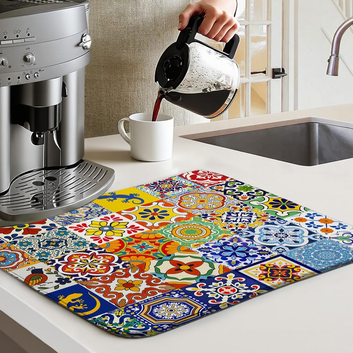Mexican Tiles Drying Mat 16" X 18" Vintage floral Kitchen Counter Stone Dish Drying Mats For Kitchen Counter Xmas Drying Mats For Home Counter Drying Mats For Dishes Dish Table Mat Drying Mat