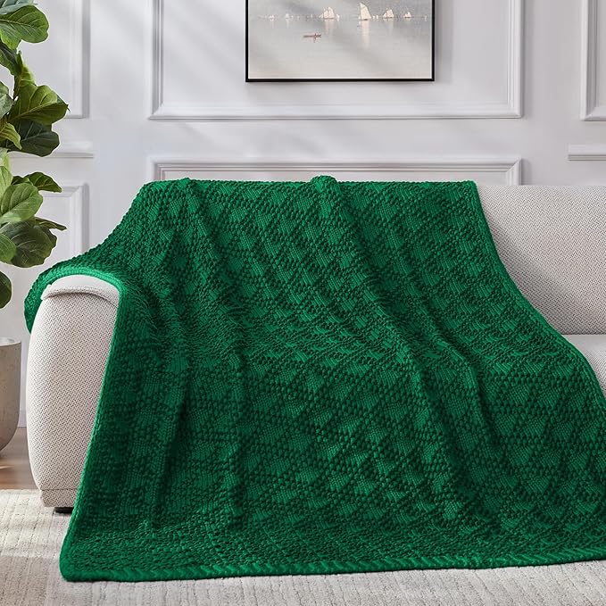 Knitted Weighted Blanket for Adult, Chunky Knit Weighted Throw for Sleep 60"*80" 17lbs, Cooling Breathable Machine Washable Heavy Blanket for Room Decor (Green, Queen)