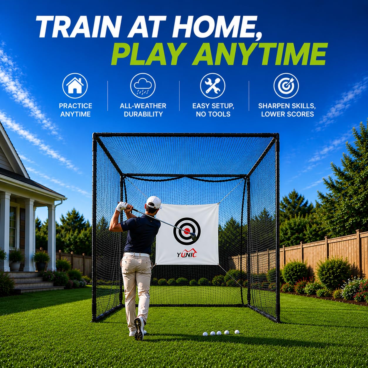 YUNIC Golf Driving Cage with Steel Frame, Golf Nets for Backyard Driving for Full Swing and Chipping Practice Indoor Outdoor (Black, 10'(W) x8'(H) x8'(D))