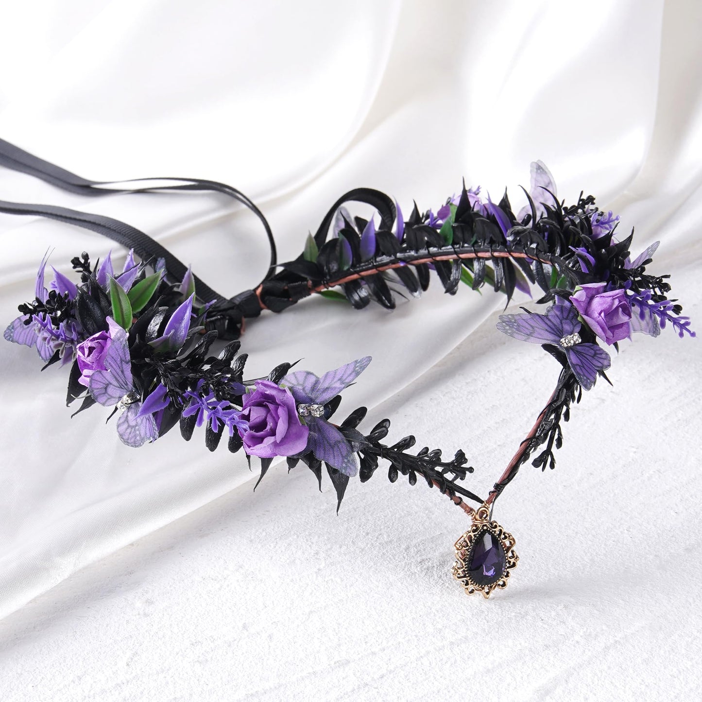 MOSTORY Gothic Butterfly Elf Crown - Dark Purple Flower Crown for Witch Accessories Women, Black Fairy Wings Circlet for Renaissance Renfaire Fantasy Cosplay Witchcore Halloween