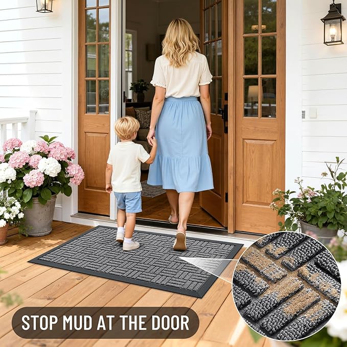 OLANLY Front Door Mat Outside Entrance 33x21, Absorbent, Heavy Duty Sturdy Natural Rubber Doormat Indoor Outdoor, Stain and Fade Resistant, Non-Slip Backing Low Profile Floor Mat for Entryway, Grey