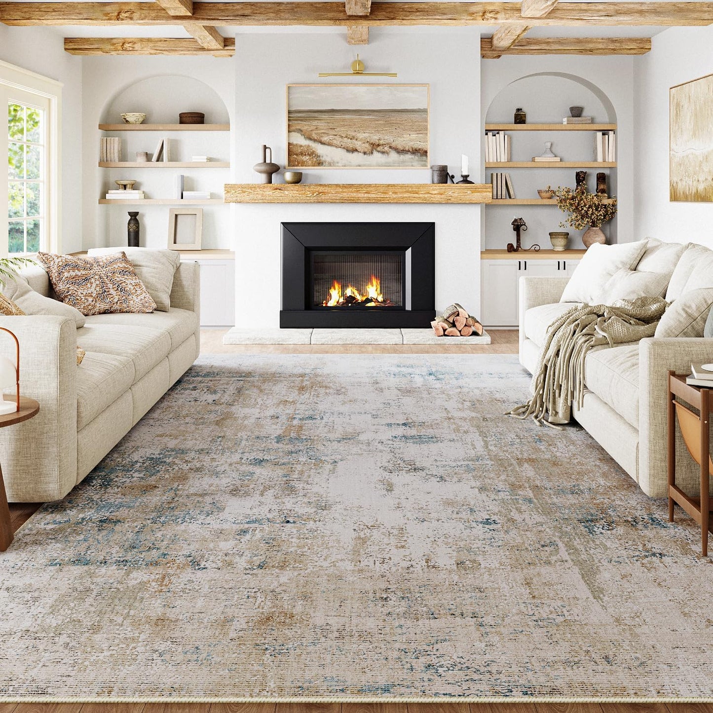 8x10 Washable Area Rug Beige Blue Neutral Abstract Living Room Bedroom Large Throw Rug Non Slip Soft Low Pile Indoor Floor Carpet for Dining Room Kitchen Office Entryway