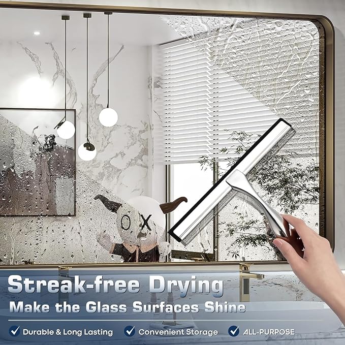 Shower Squeegee for Glass Door with 3 Adhesive Hook, Stainless Steel Glass Cleaning Squeegee for Bathroom & Household Window, Mirrors, Tiles and Car, 10 Inches, Clear, Silver