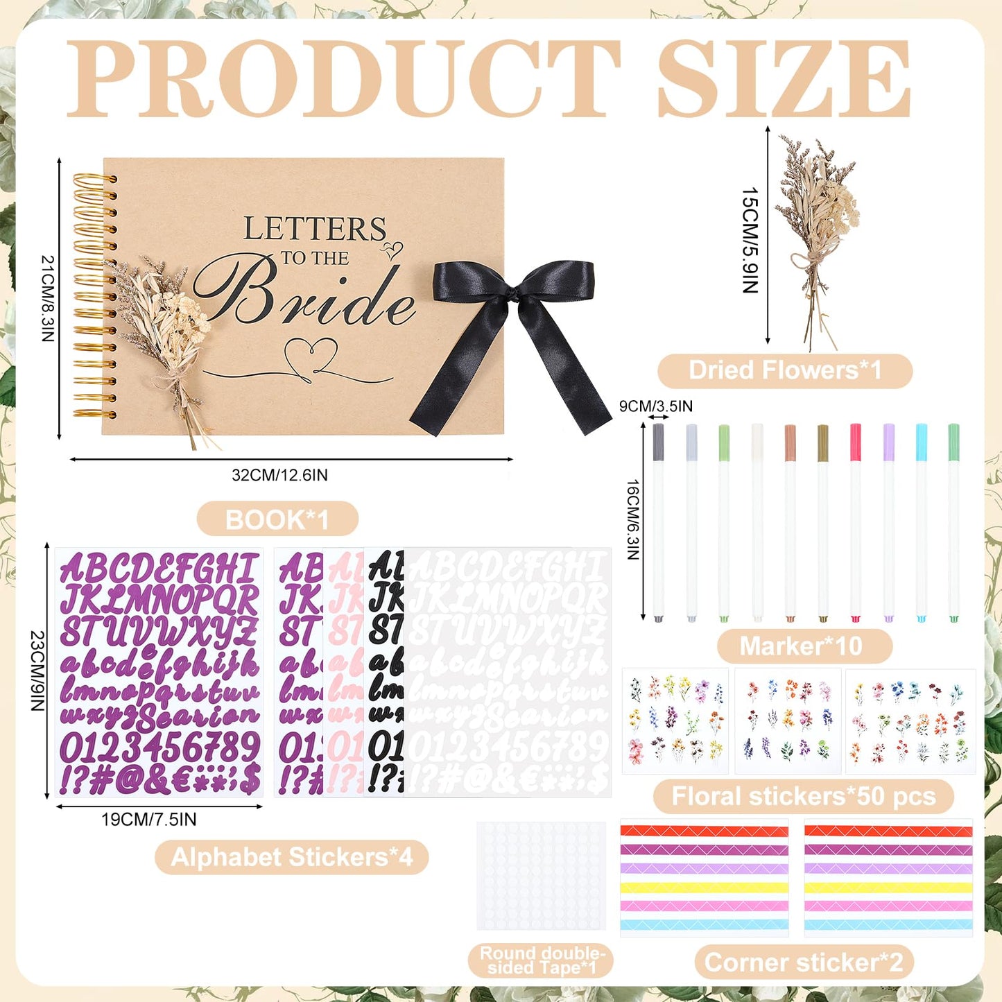 12.6 x 8.3 Inch Letters to The Bride Scrapbook Wedding Memory Book Photo Album Kit with Pens Tapes Flower and Stickers 40 Pages Bridal DIY Blank Paper Scrapbook Hardcover for Lover Friend Kid Wedding