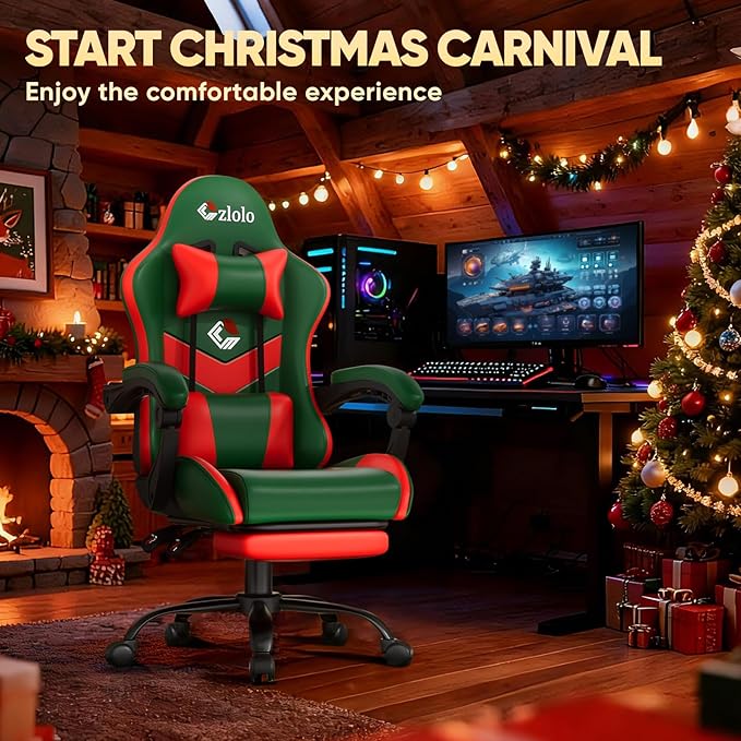 Gaming Chair, Lumbar Support Massage Computer Chair, High Back Gamer Chair, with Footrest and Headrest, Lumbar Pillow, Recline, Wide Seat, Gaming Chairs for Christmas/Birthday Gifts, Green