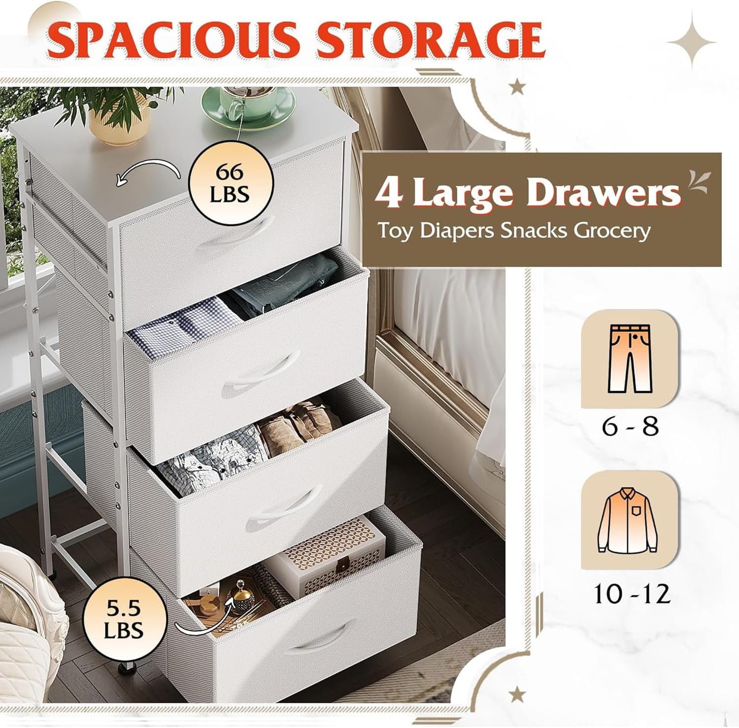 WLIVE Dresser with 4 Drawers, Storage Tower, Organizer Unit, Fabric Dresser for Bedroom, Hallway, Entryway, Closets, Sturdy Steel Frame, Wood Top, Easy Pull Handle, White