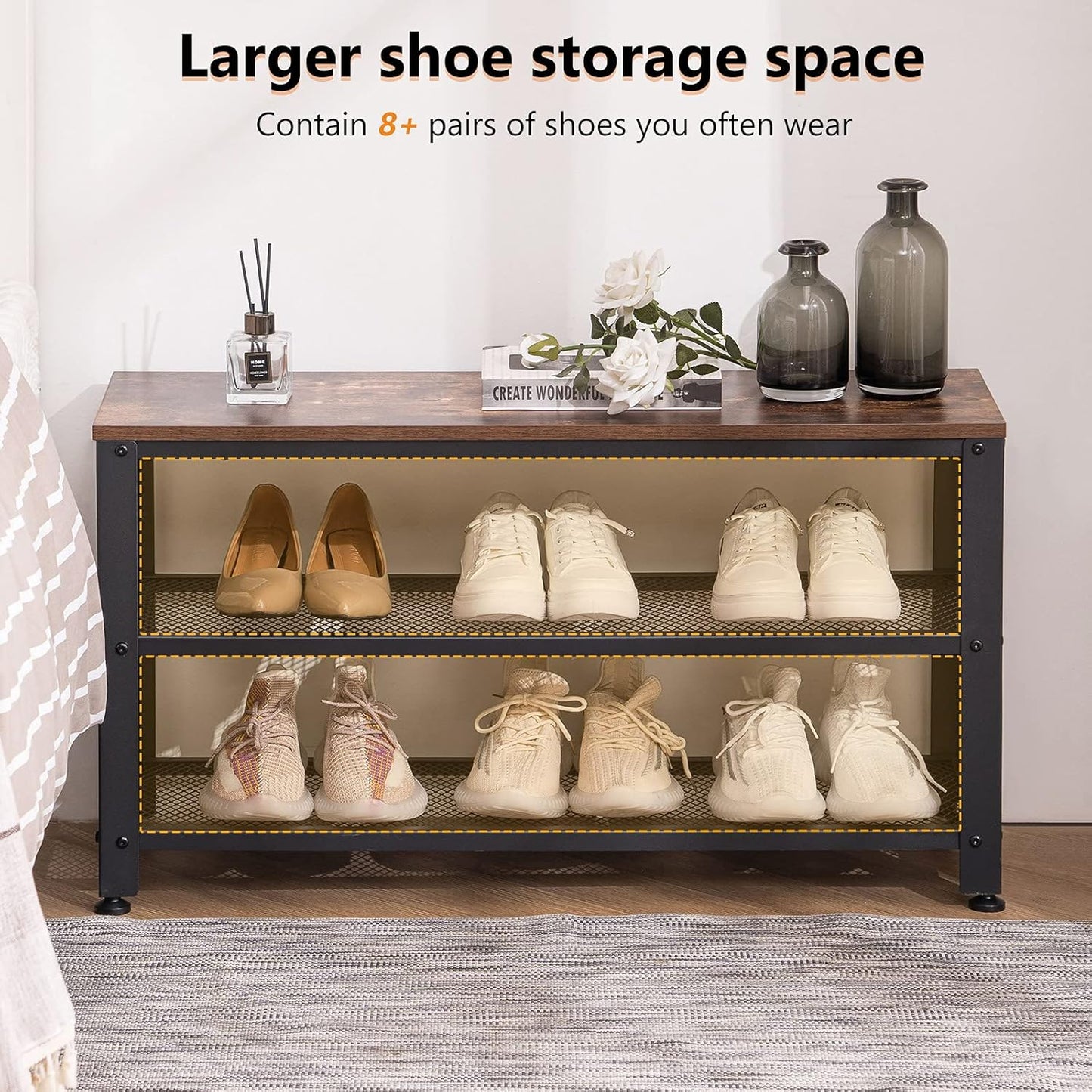 Apicizon Shoe Rack, 35.5 Inches 3-Tier Shoe Rack for Entryway with Long Seat and Metal Shelves for Garage, Industrial Storage Bench with Steel Structure for Living Room, Bedroom, Mudroom, Rustic Brown