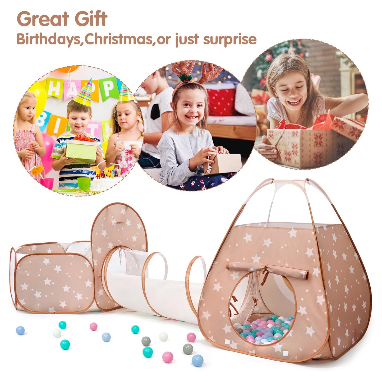 3 in 1 Pop Up Kids Play Tent with Tunnel and Ball Pit for Kids, Boys, Girls, Babies and Toddlers, Indoor/Outdoor Playhouse, Brown/Apricot