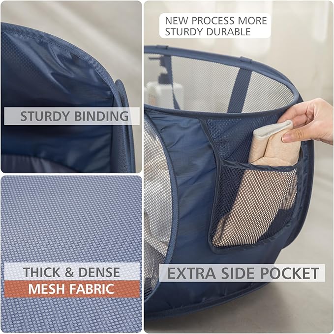 HONOMA Sturdy Mesh Laundry Hamper Basket Bag,Pop up Basket with Side Pocket for Laundry Room, Bathroom, Kids Room, College Dorm or Travel (Pop Horizontal, White)