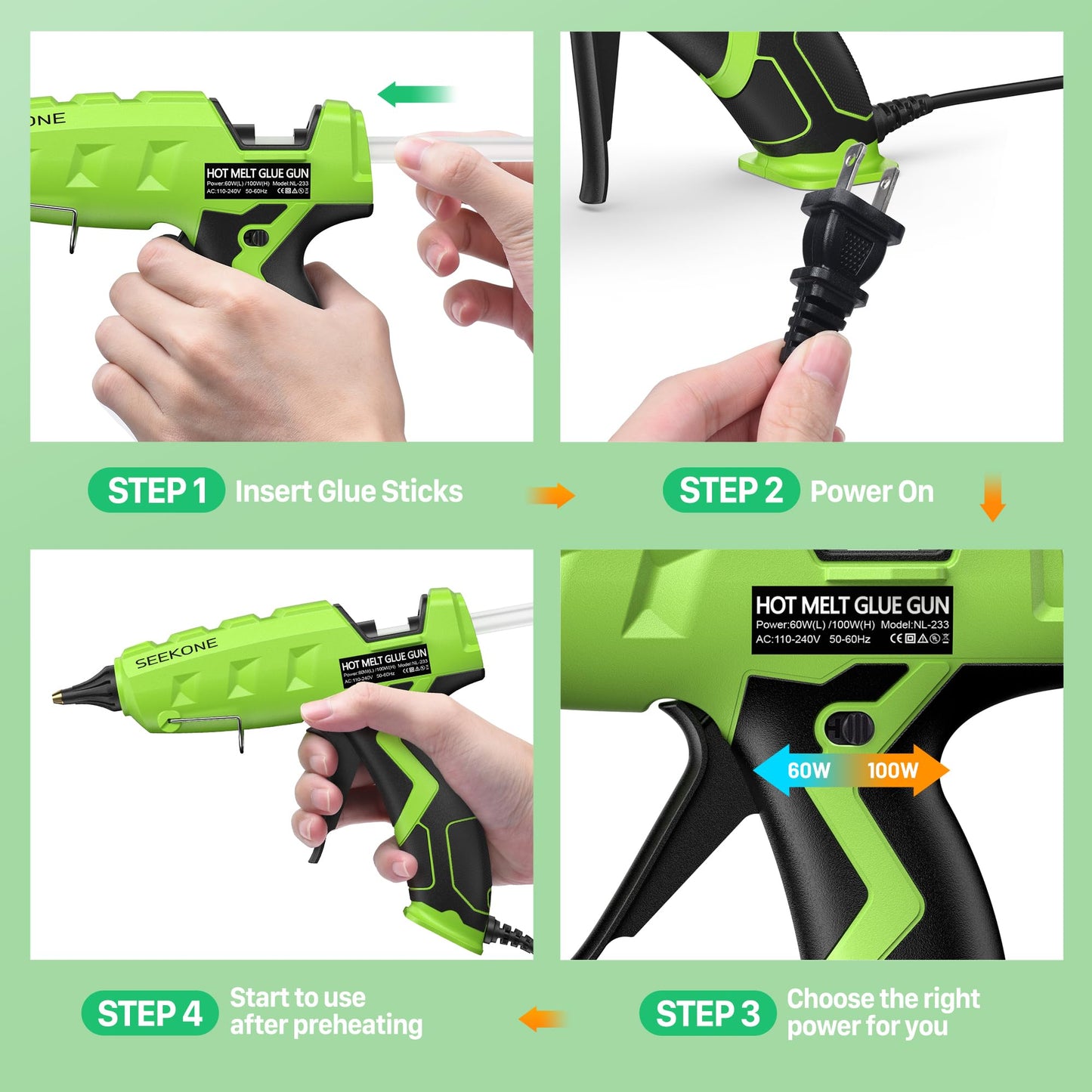 SEEKONE Full Size Hot Glue Gun, 60/100W Dual Power Large Glue Gun with 20 Pcs Premium Glue Sticks, High Temp Heavy Duty Industrial Glue Gun Kit for Quick Home Repairs, Arts, Crafts, DIY, Sealing