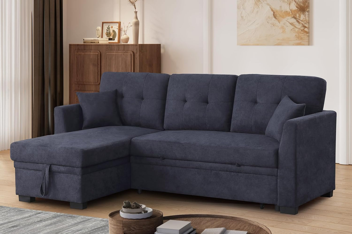 L Shaped Sectional Sleeper Sofa Couch with Pull Out Bed ,3 Seater Convertible Sectional Sofabed W/Reversible Chaise & Tufted Back Cushion ,Reversible Pullout Sofa Couch Bed for Living Room Office