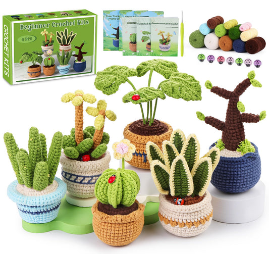 Hssugi Crochet Kit for Beginners, 6PCS Succulents Plants Crochet Kits, Knitting Kit with Step-by-Step Video Tutorials, Crochet Yarn DIY Beginner Crochet Kit for Adults Succulent Family
