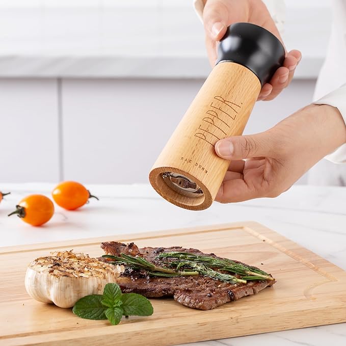 Rae Dunn Salt and Pepper Grinder Set of 2 - Bamboo Sea Salt Pepper Grinder - Classy Salt and Pepper Shakers - Pepper Mill & Salt Mill, Black