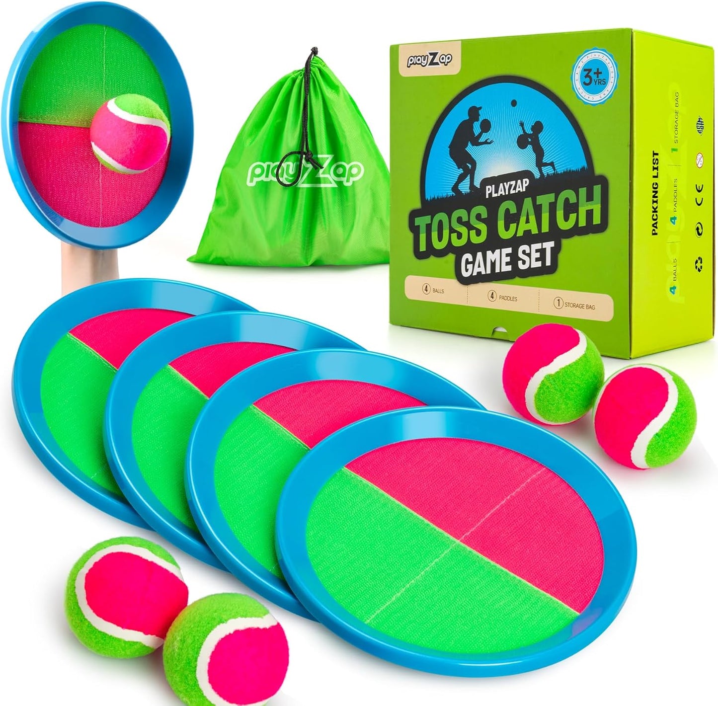 PlayZap Toss and Catch Ball Set Upgraded Stocking Stuffers for Toddlers Kids Teens Boys Girls - Baseball Toys Sturdy PVC for Beach Pool Yard Outdoor - Gift for 3-5 5-8 8-13+ Years