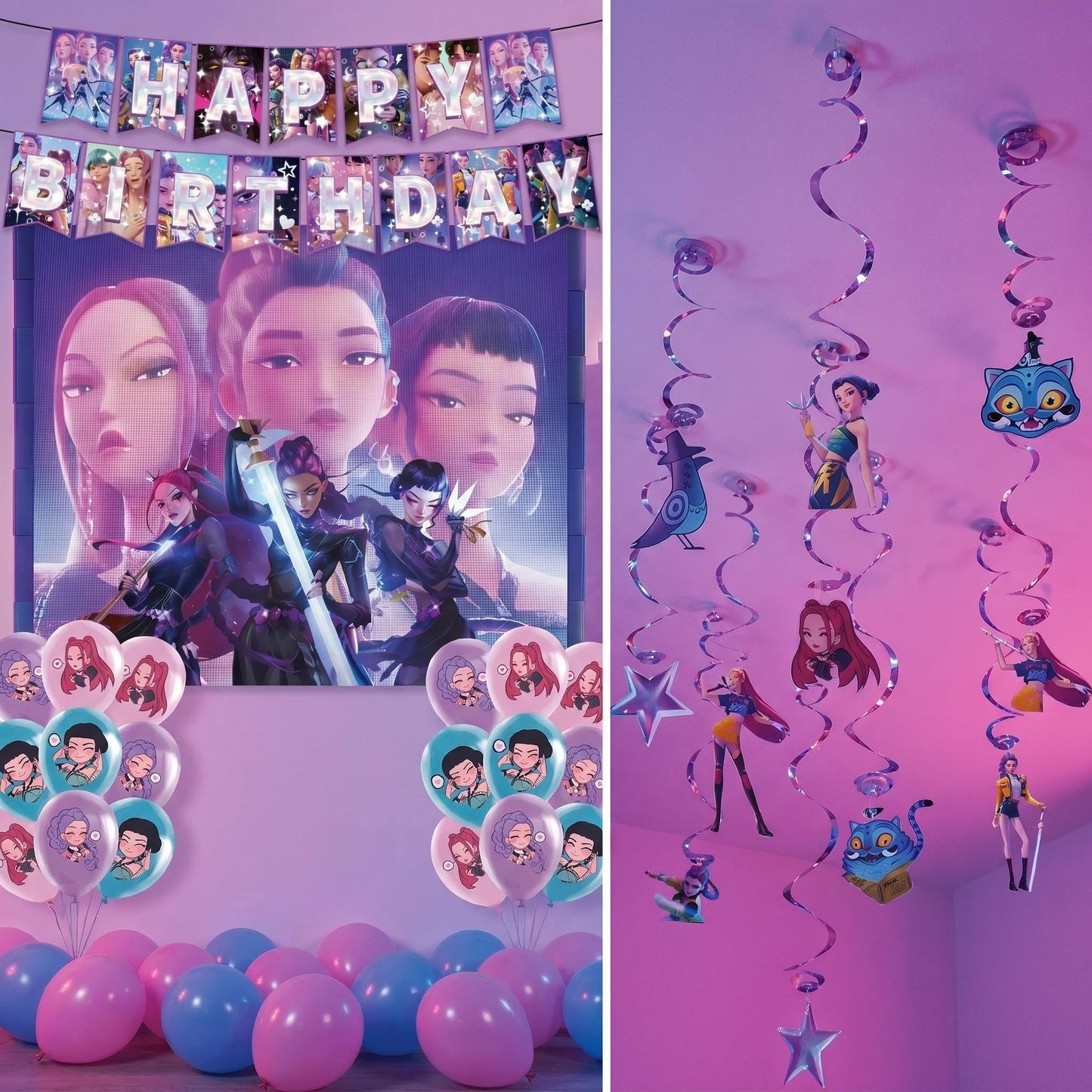 51 Pcs Cute Cartoon Birthday Decorations, Demon Anime Hunter Birthday Party Decorations, Includes 1 “Happy Birthday” Banner, 6 Spiral Garlands, 18 Latex Balloons, 1 Cake Topper, and 24 Cupcake Toppers