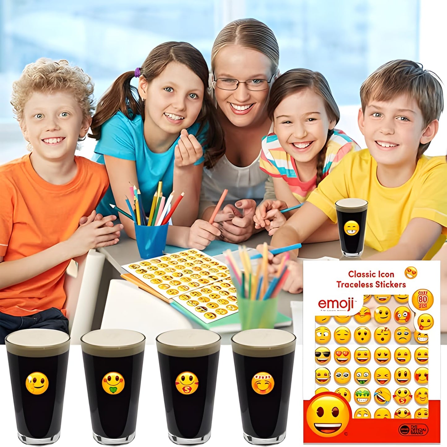 MORCART Resuable Emoji Stickers Funny Icons Decorative Drink Marker, 84pcs Party Gift for Kids Friends, Personalized Your Life, Removable & Washable