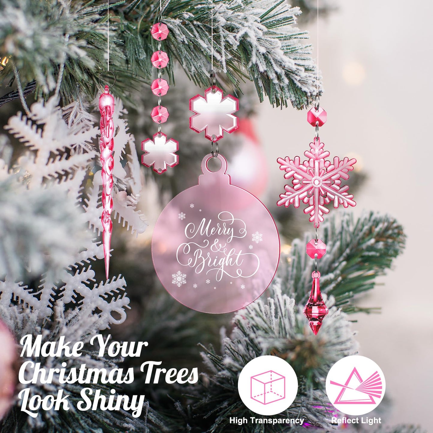 Cinnvoice 24 Pcs Christmas Pink Acrylic Snowflake Ornaments Decoration Set, Crystal Christmas Tree Hanging Pink Clear Flat Ornaments for Xmas Winter Holiday Craft Party Celebration