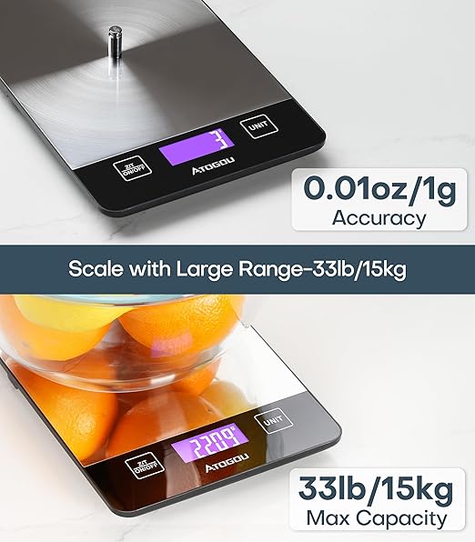 Atogou Food Scale, 33lb Rechargeable Kitchen Scale with Full-View Backlit LCD Display, Waterproof Stainless Steel Surface, Type-C Charging, Grams and Ounces for Baking, Cooking, Food Grey