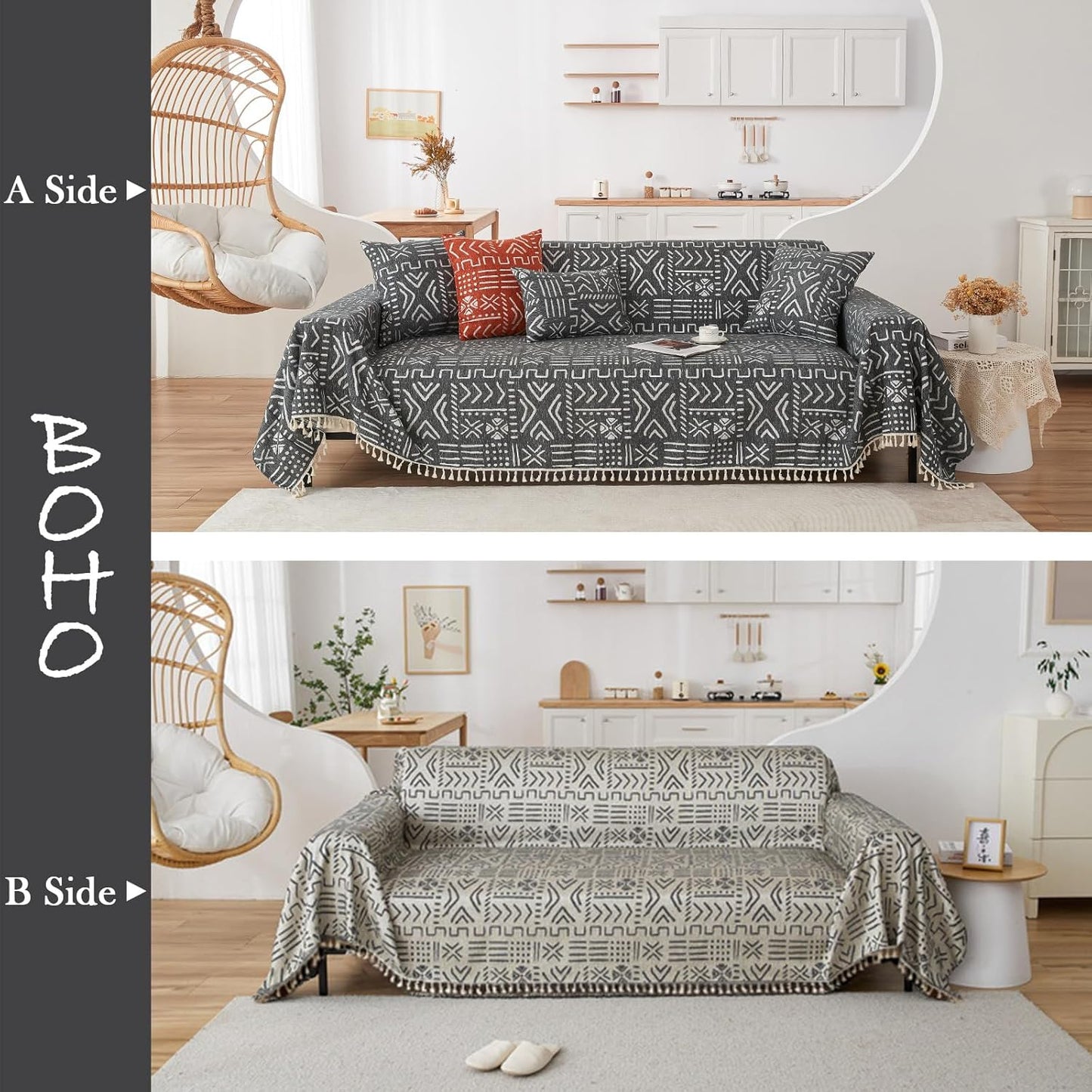 HANDONTIME Sofa Covers Boho Couch Cover for 3 Cushion Couch Sofa Geometric Couch Cover for Living Room Pet Sofa Slipcovers Couch Protector for Dogs Aesthetic Cushion Cover, Black/White