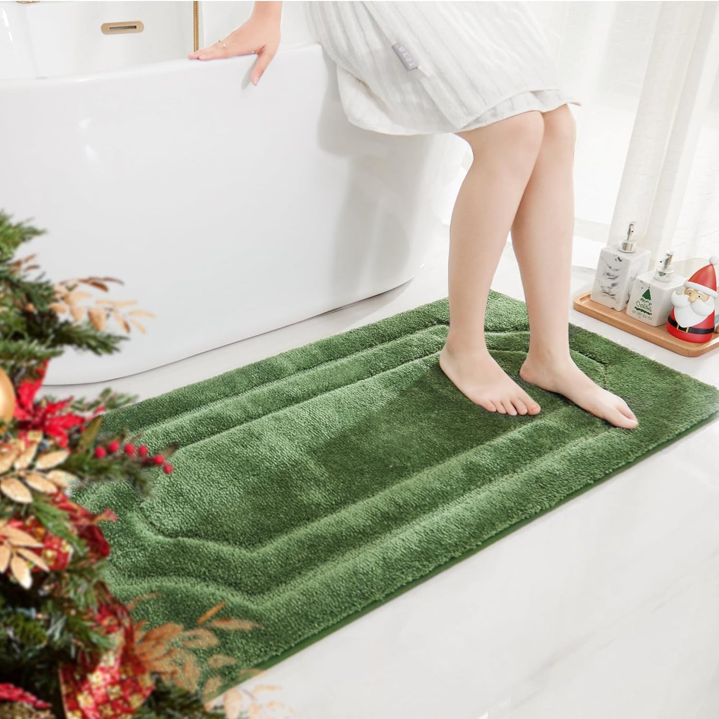 BEQHAUSE-Non-Slip-Bathroom-Rugs-Soft-Absorbent-Bath Mats for Bathrooms Polyester Bath Mat Machine Washable Quick Dry Shaggy Shower Mat for Bathrooms, Bathtub and Sink,24"x48",Green