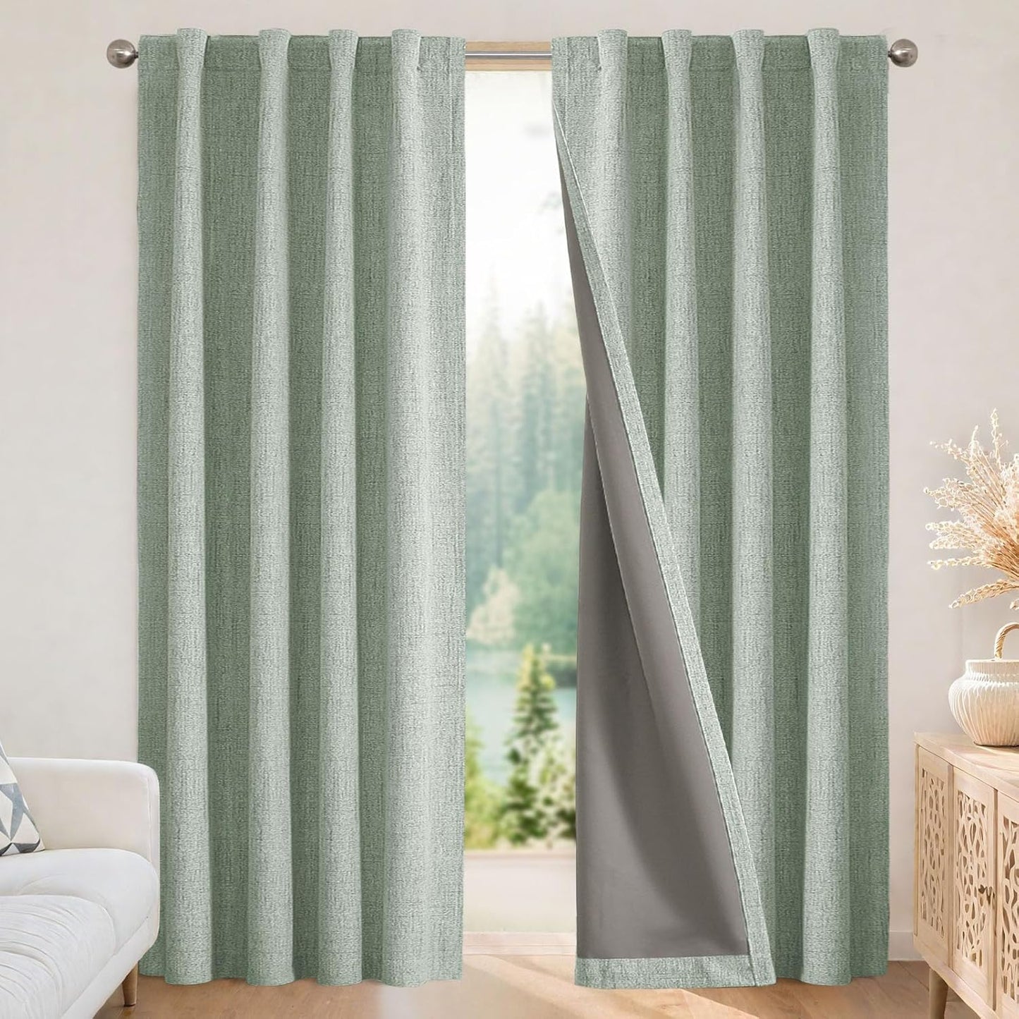 Joydeco 100% Blackout Curtains for Bedroom - Natural Linen Curtains 52" W x 84" L Long, Thermal Insulated 2 Panels Light Blocking Drapes, Rod Pocket & Back Tabs, Darkening Privacy for Living Room