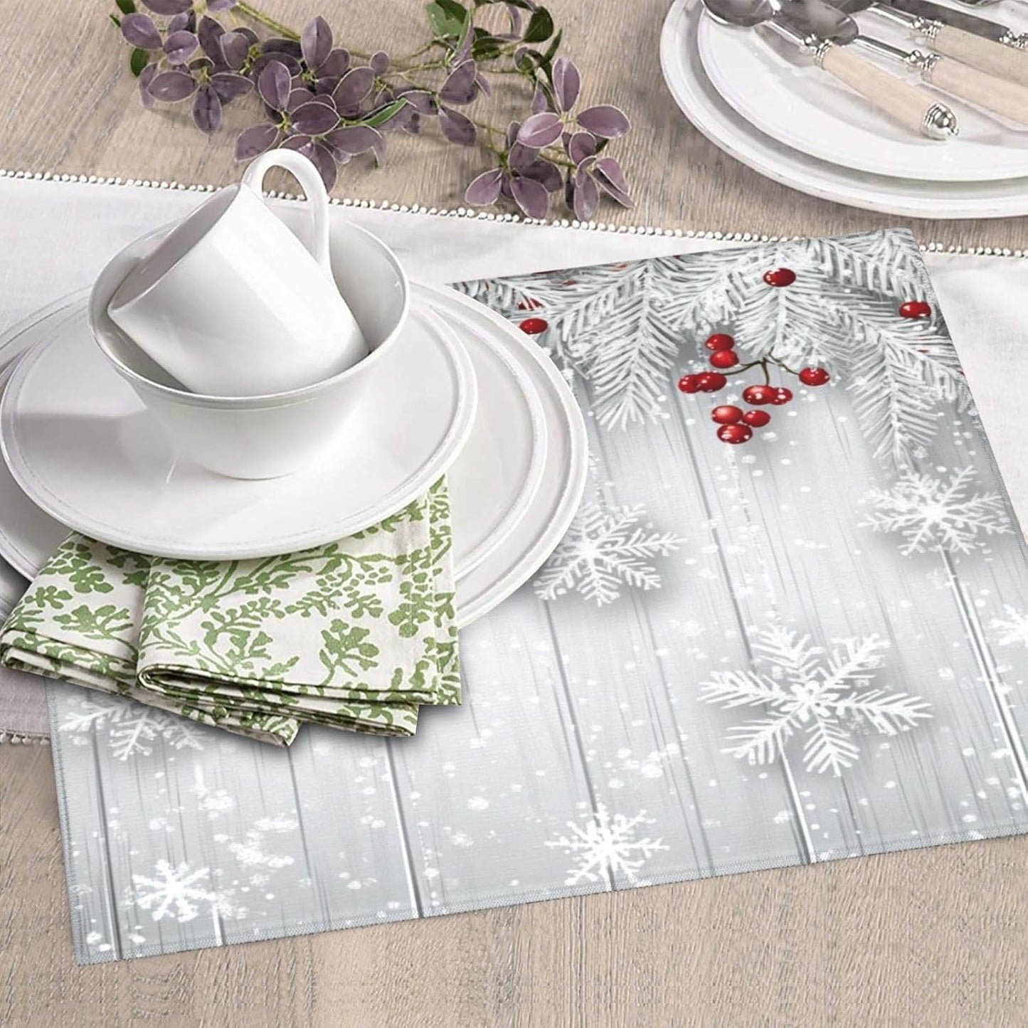 Dish Drying Mat Snowflake Winter White Berry Absorbent Microfiber Non Slip Quick Dry Heat Resistant Holiday Decorative Kitchen Counter Mat for Plates Cups Glasses 16x18 Inch