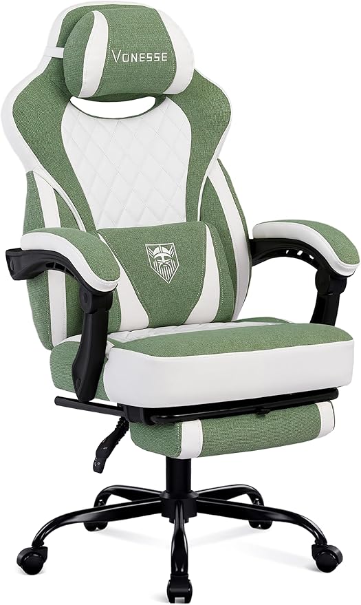 Vonesse Gaming Chair, Reclining Fabric Gaming Chairs for Adults 250LBS, Office Chair with Pocket Spring Cushion, Computer Chair with Footrest and Massage Lumbar Support (Green)