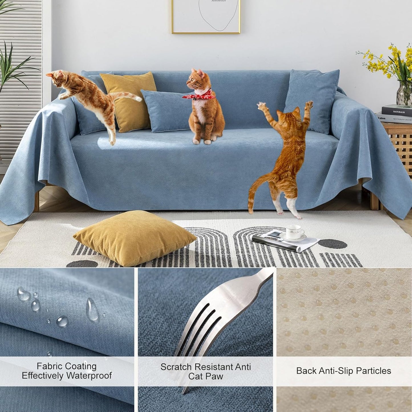 STACYPIK Blue Waterproof Blue Couch Cover, Sofa Cover for 3 Cushion Couch Pet-Friendly, Non-Slip Anti-Scratch Couch Cover for Dogs, L Shaped Sectional Cover, Washable Furniture Protector-71X134IN
