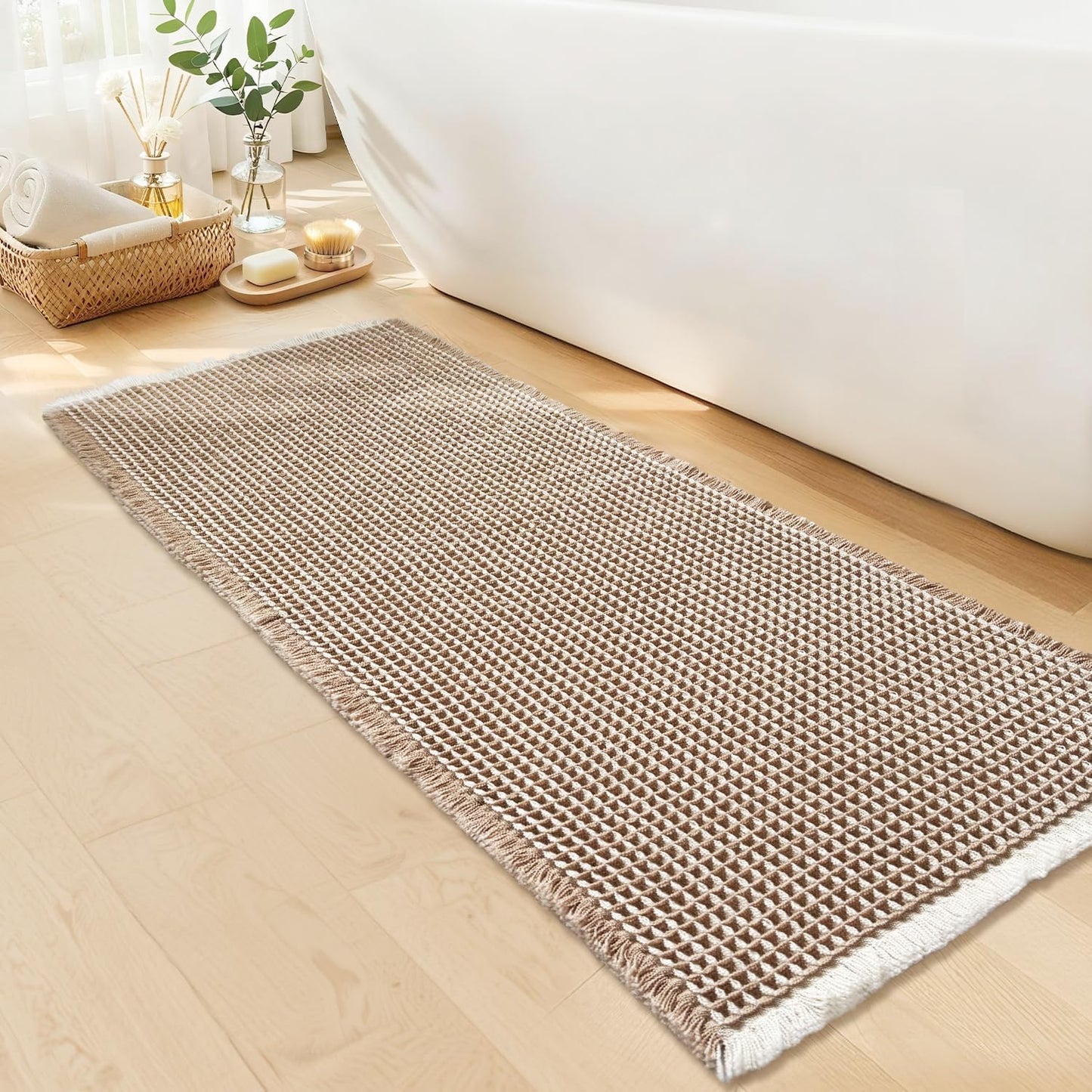 Waffle Bath Mat - Boho Bathroom Rugs Non Slip Washable, Super Absorbent & Quick Dry, Soft Bath Mat Farmhouse Bathroom Decor, 24'' x 48'', Khaki and White