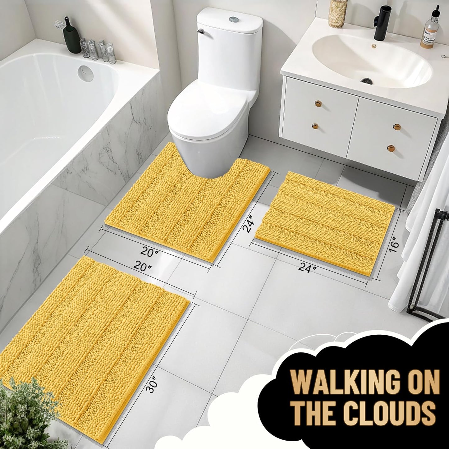 OLANLY Thick Bathroom Rugs 30x20, Extra Soft Absorbent Chenille Striped Bath Rugs, Rubber Backing, Machine Wash Dry, Bath Mats for Bathroom Floor, Tub and Shower, Home Decor Accessories, Yellow