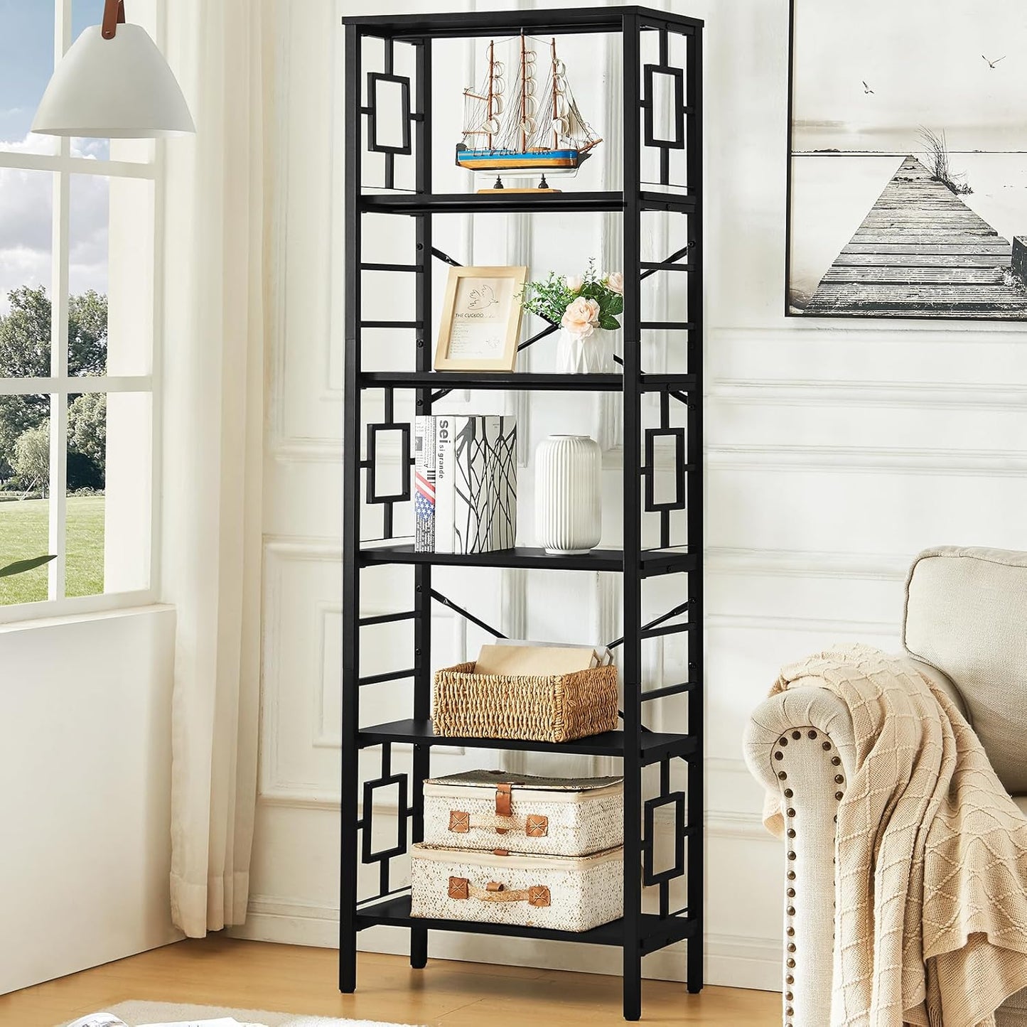 HOMISSUE Tall Bookshelf, Industrial Bookshelf with Metal Frame and Open Shelves, 6 Tier Metal Bookshelves and Bookcases, Rustic Bookcase, Tall Book Shelf for Office, Living Room and Bedroom, Black