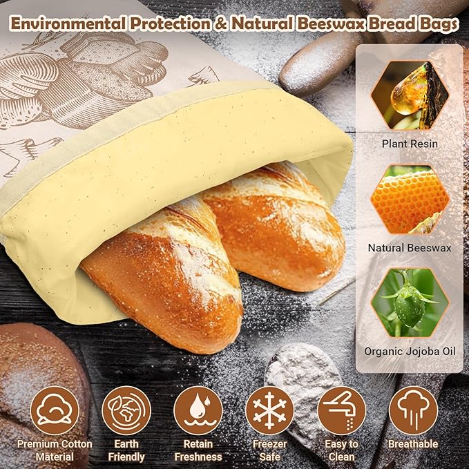 Cotton Beeswax Bread Bag Reusable Double-Lock Freezer Safe for Homemade Sourdough Bread Food Storage Gifts for Sourdough Bakers (Pattern 2 1PCS)