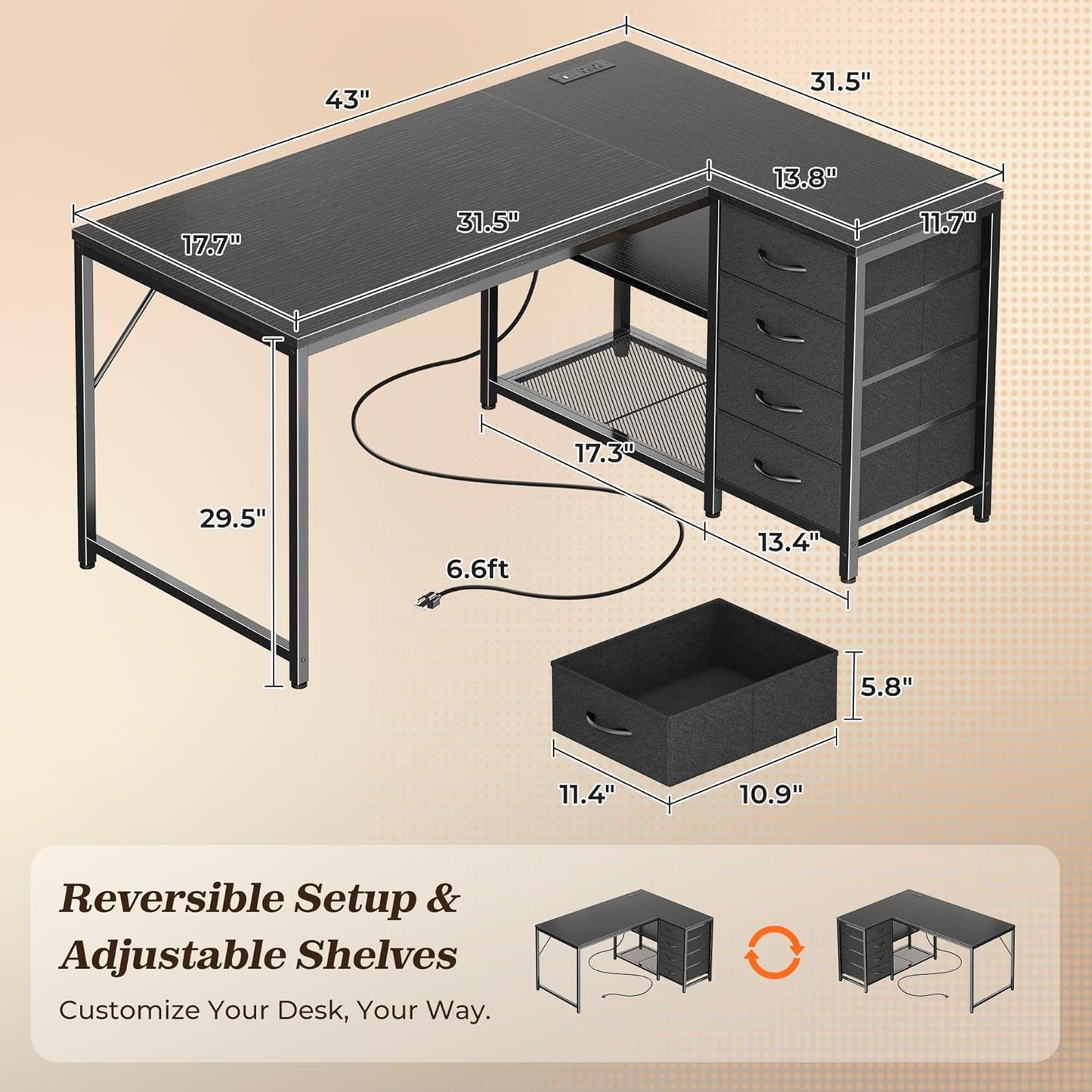 PRAISUN 43.3" Small Computer Desk with Power Outlets and USB-C Port, Reversible L Shaped Corner Office Desk with 4 Fabric Drawers and 2 Height-Adjustable Shelves, for Gaming Writing, Black
