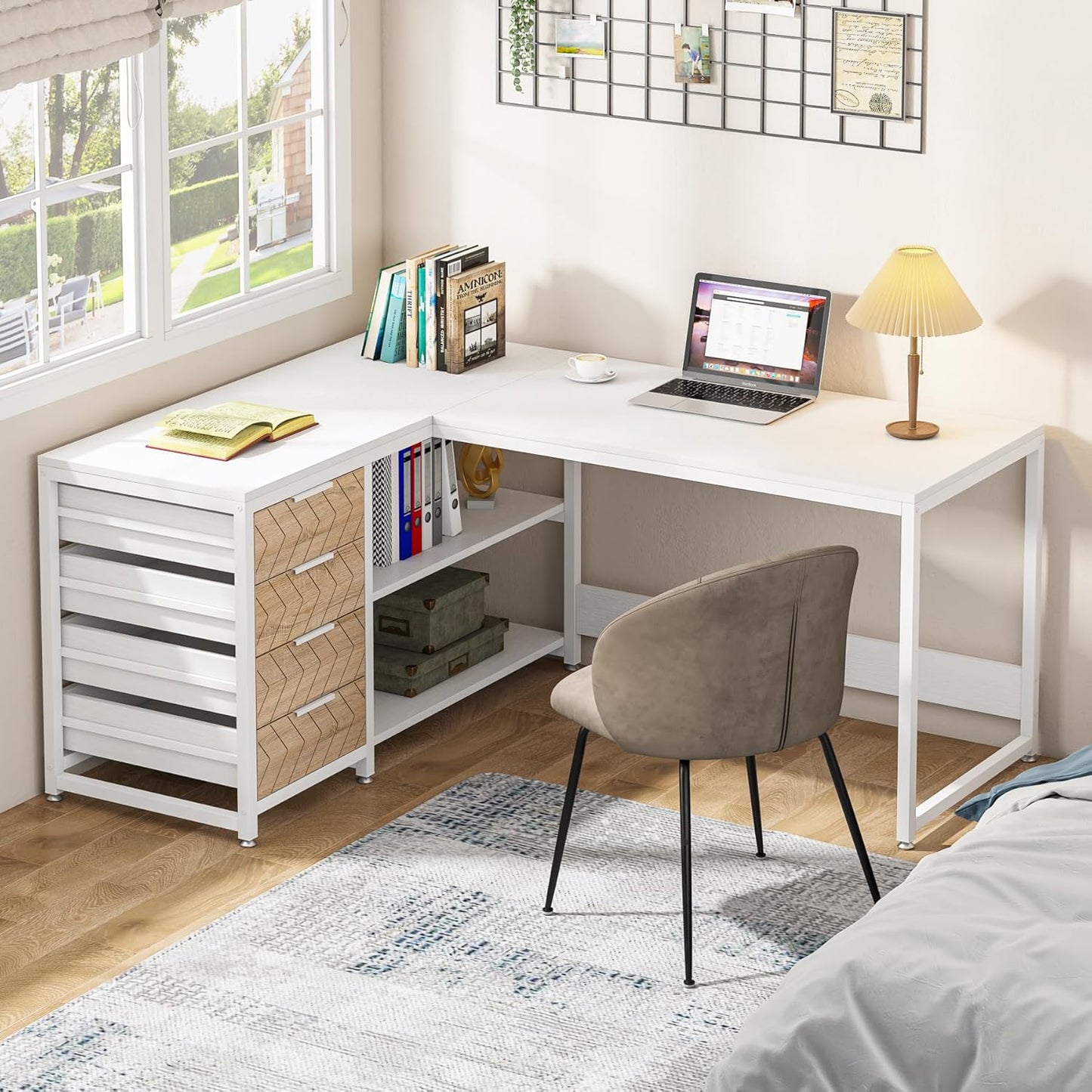 Tribesigns L Shaped Computer Desk with Storage Drawers, 59 inch Corner Desk with Shelves, Reversible L-Shaped Office Desk Study Writing Table Workstation for Home Office, White