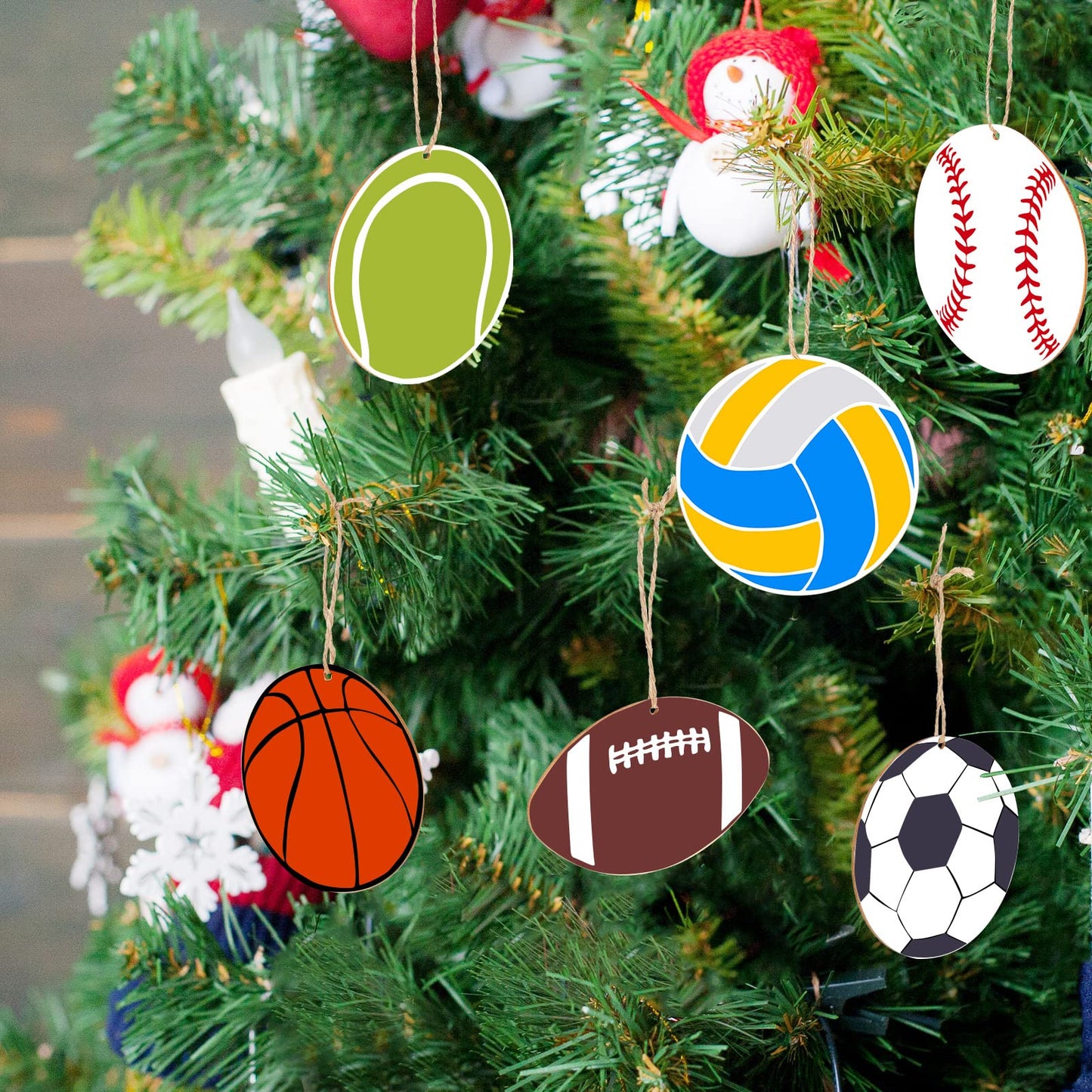 42 Pieces Sports Theme Unfinished Wood Cutouts Football Volleyball Baseball Basketball Soccer Tennis Shaped Wooden Slices with Twines Hanging Ornaments Sport Themed Party Home Decoration
