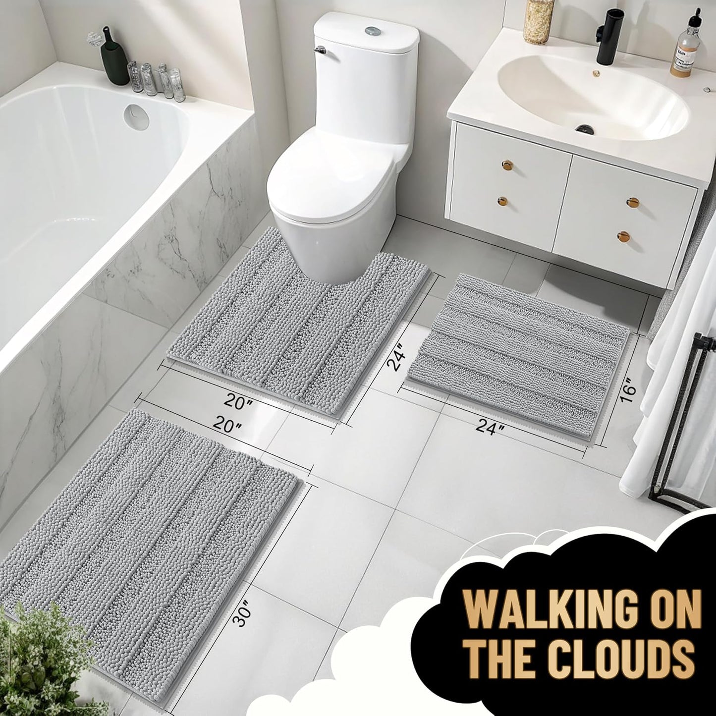 OLANLY Thick Bathroom Rugs 24x16, Extra Soft Absorbent Chenille Striped Bath Rugs, Rubber Backing, Machine Wash Dry, Bath Mats for Bathroom Floor, Tub and Shower, Home Decor Accessories, Light Grey