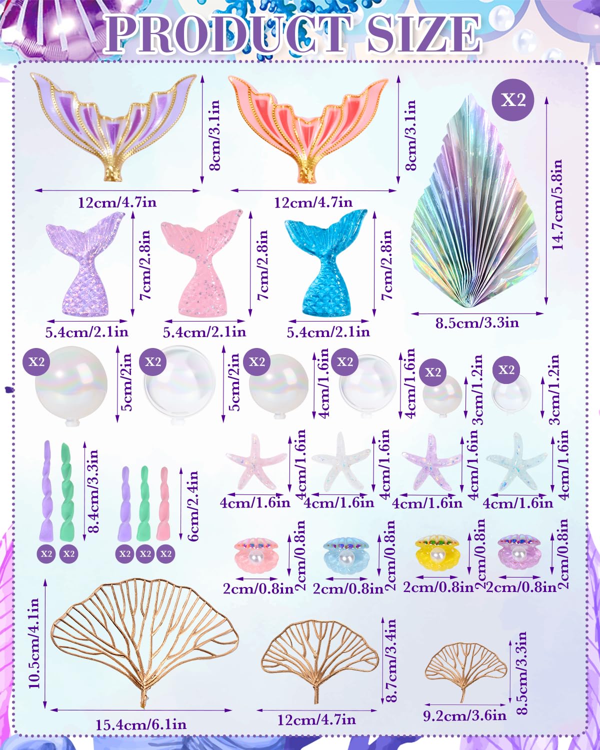 Glavatrix Mermaid Cake Toppers, 40-Piece Under the Sea Cake Decor Set, Seaweed, Bubbles, Tails, Starfish, Shells, Origami, Golden Ginkgo Leaves, for Birthday Mermaid Theme Party Supplies