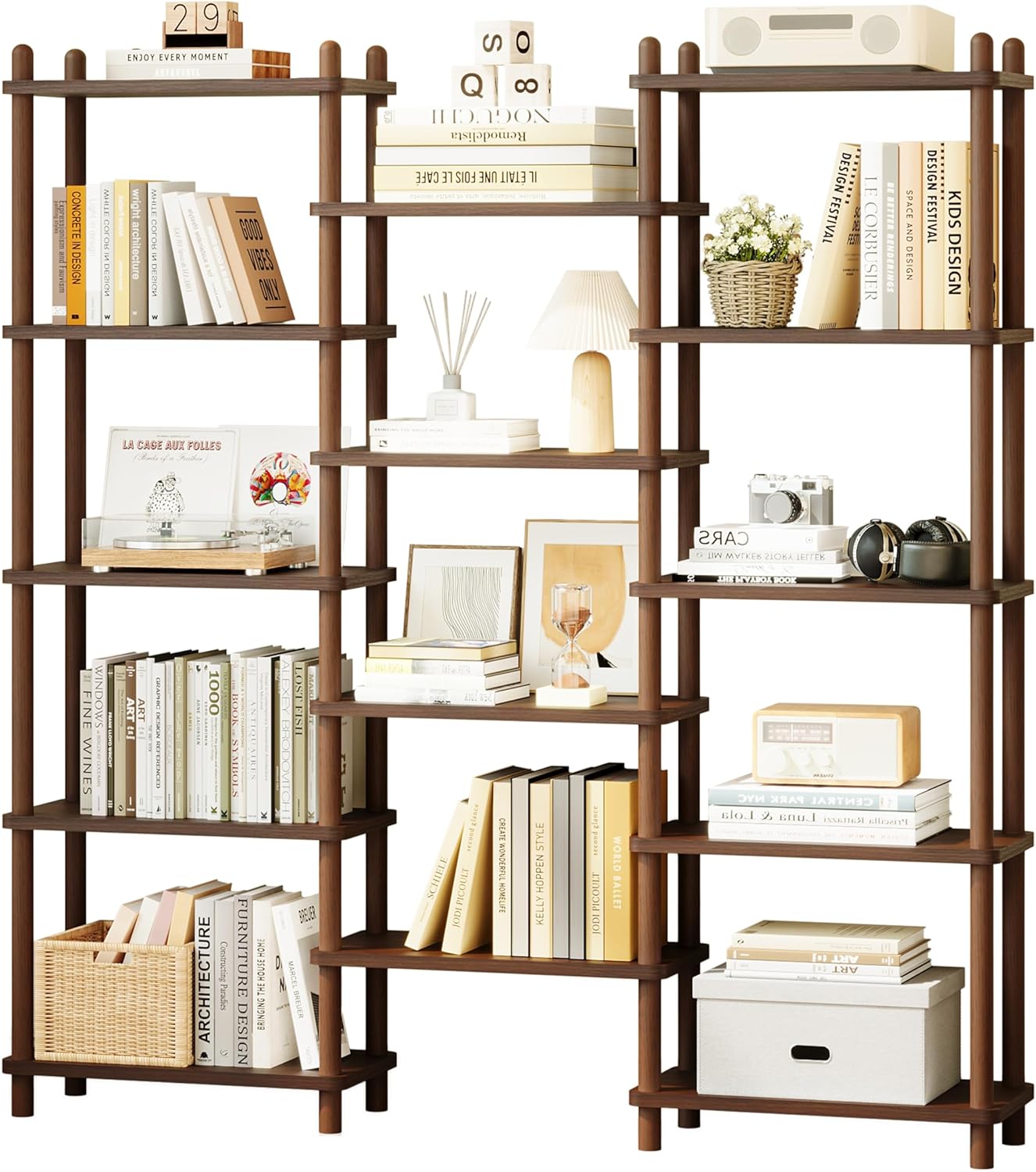 IOTXY Wooden Triple Wide Bookshelf - 5-Tier Large Shelf Bookcase with Solid Beech Frame, Tall Freestanding Open Etagere Display Rack for Home Office, Walnut