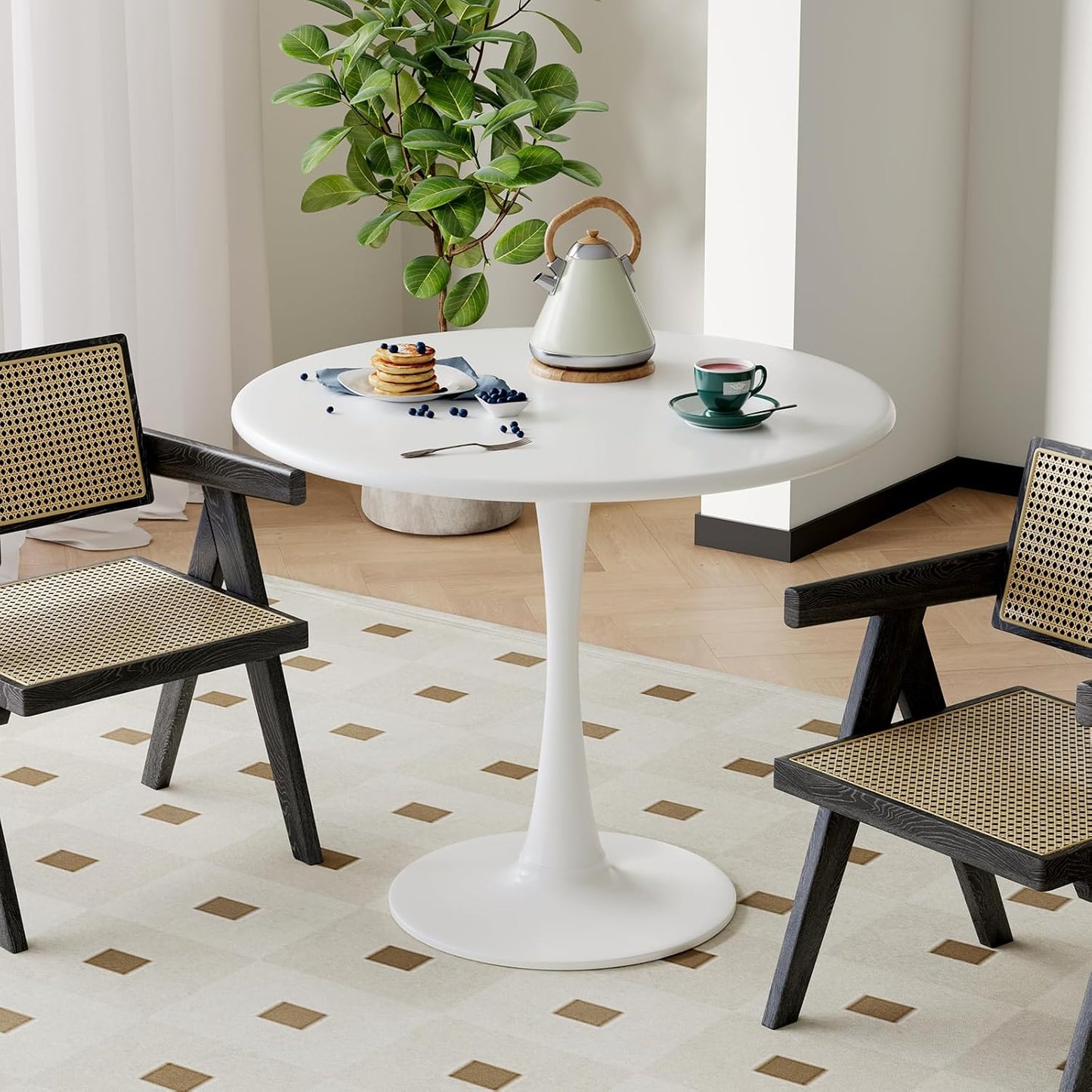 White Round Dining Table for 2 Person, 24 Inch Small Tulip Table with Pedestal for Living Room, Mid Century Modern Kitchen Tables for Office, Bistro, Pub, Bar, Wood Circle Cafe Tables,mesas de comedor