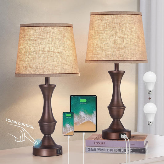 Touch Table Lamps Set of 2, 22" Tall Bedside Lamps with USB C+A Ports, 3-Way Dimmable Table Lamp, Nightstand lamps for Bedroom, Living Room, Office, Brown Lamps with Beige Lampshade, Bulbs Included