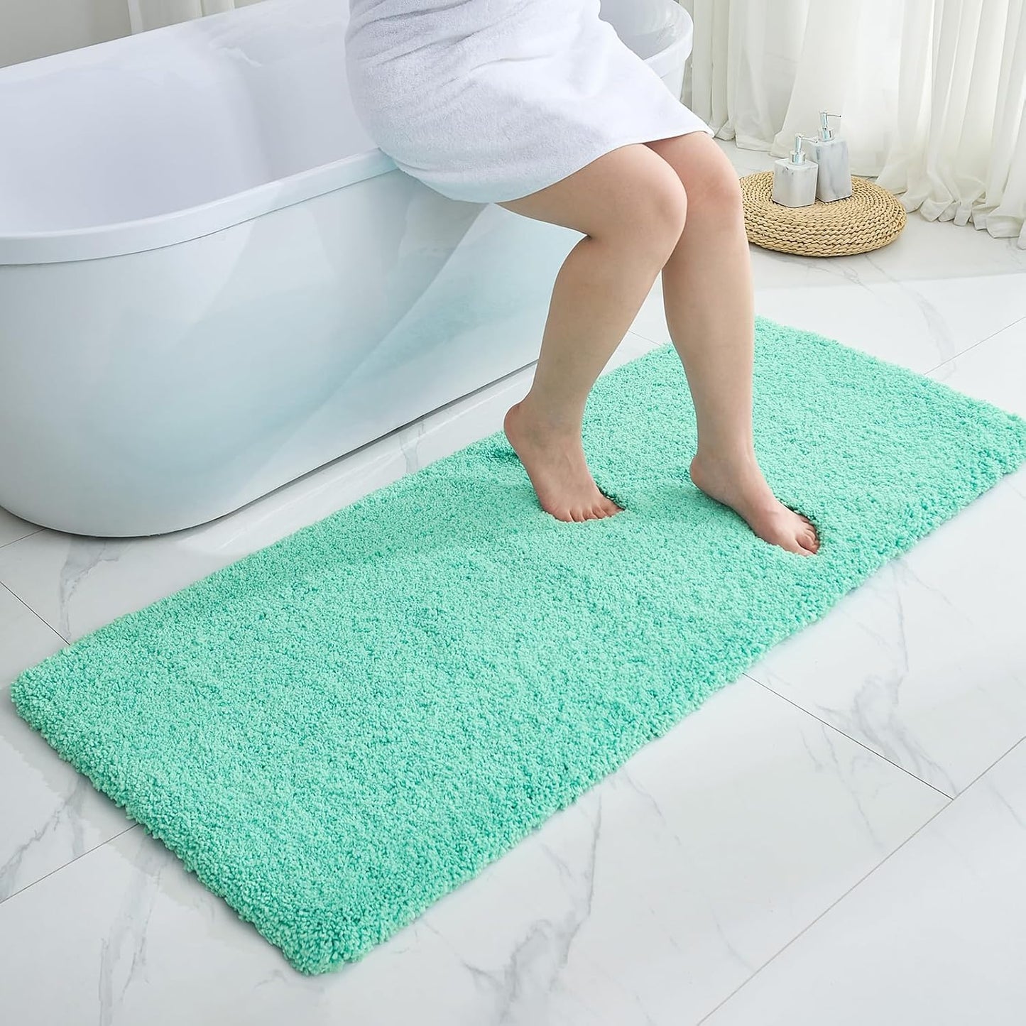 Bathroom Runner Rug 24x59 Spa Blue Non Slip Fluffy Long Bath Mat for Bathroom Floor Washable Plush Luxury Bath Rug for Tub Absorbent Shower Sink Mat Bedside Rug
