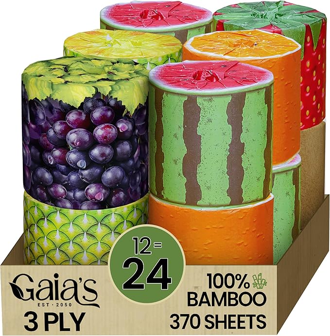 Gaias Premium and Soft Fruit TP Organic Bamboo Toilet Paper | 12 Mega Rolls, 3 Ply, 370 Sheets | FSC Certified, PFAS & BPA Free, Eco-Friendly, Sustainable Tissue - Plastic Free, Septic Safe, Vegan