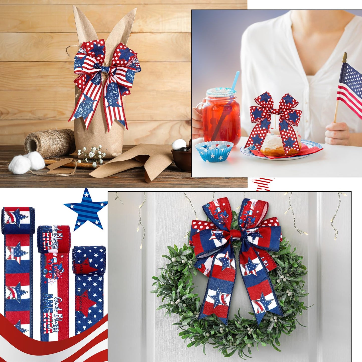Tigeen 6 Rolls 30 Yards 250th Anniversary Memorial Day 4th of July Patriotic Ribbon Stars and Stripes Burlap Wired Edge Ribbon White Red Blue Decor for Independence Day Gift DIY Wreath Bow Craft