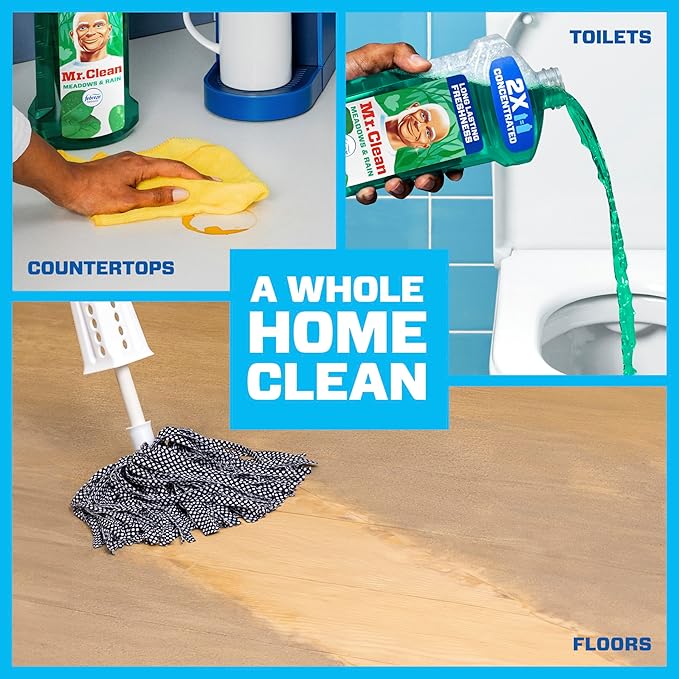 Mr. Clean All Purpose Cleaner, Floor Cleaner for Mopping Home, Bathroom, & Kitchen, Cleaning Liquid for Mop & Bucket, Cleaning Supplies, Multi-Surface Dilutable, Meadows & Rain, 41oz (Pack of 4)