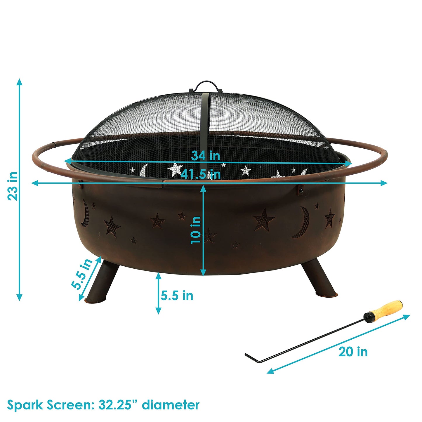 Sunnydaze Cosmic 42-Inch Large Outdoor Fire Pit - Wood-Burning Fire Pit with Round Spark Screen, Poker, and Built-in Grate