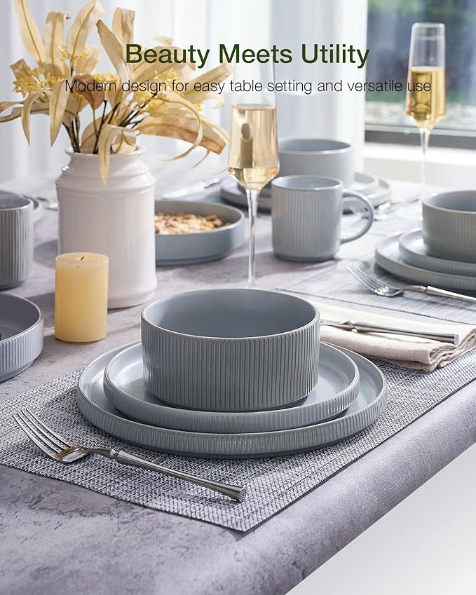 Famiware Star Dinnerware Set, Plates and Bowls Sets for 8 (24pcs), Ribbed Stoneware Dishes - Chip & Scratch Resistant, Microwave & Dishwasher Safe, Matte Gray