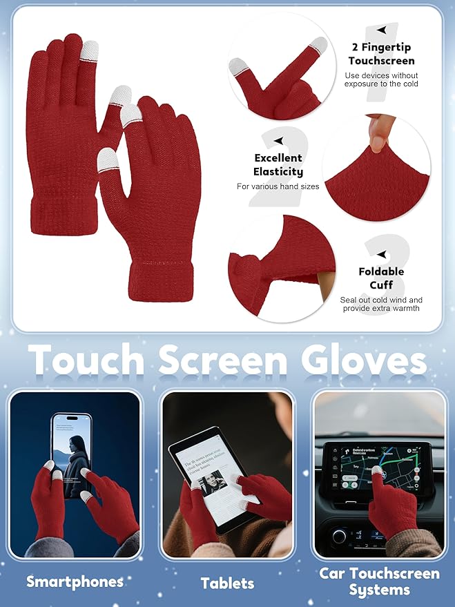 URATOT 4-In-1 Winter Warm Sets Knitted Scarf Touch Screen Gloves Beanie Pompom Hat and Winter Ear Warmer for Men or Women