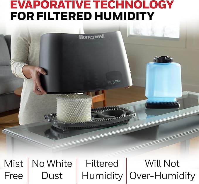 Honeywell Cool Moisture Humidifier For Bedroom, Medium Rooms, 1.1 Gallon, Invisible Moisture Humidifier for Baby, Kids, Quiet, Easy to Clean, UV Technology, Black, HCM350B