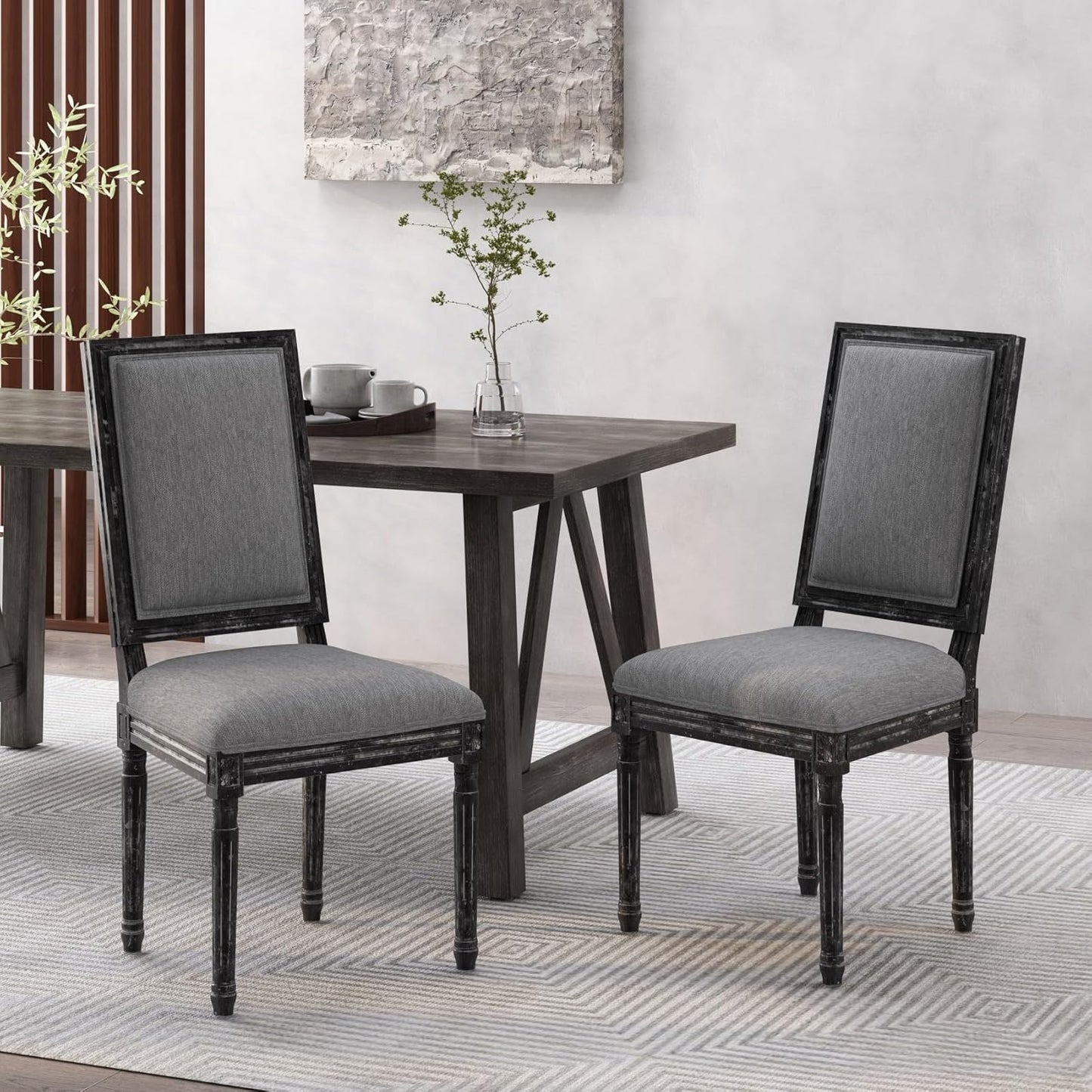 Merax Upholstered Solid Wood Dining Chairs Set of 2, French Country Style Accent Side Seating Furniture for Kitchen, Living Room, Cushioned Back, Grey