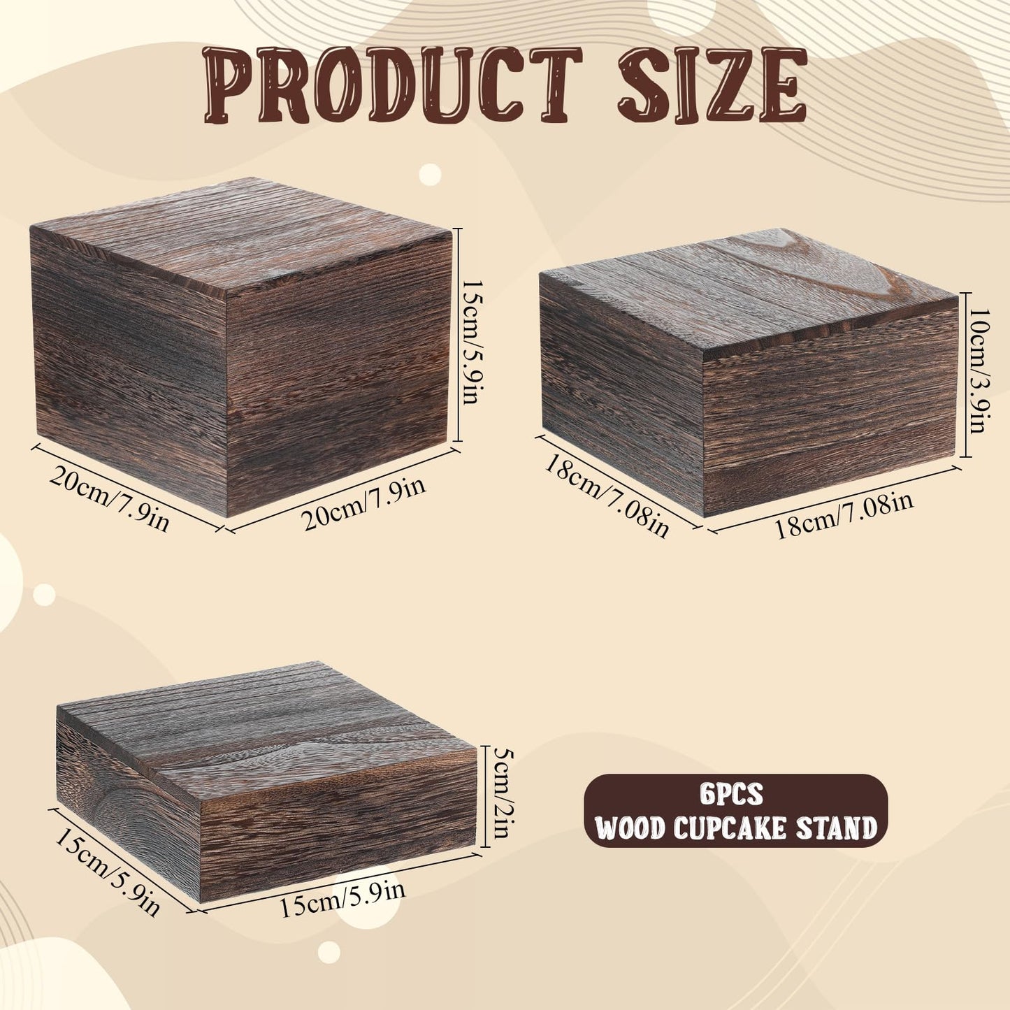 Xosjska 6 Pcs Vintage Brown Square Wooden Cake Stands, Rustic Wood Cake and Cupcake Stands, Table Wooden Stackable Display Stand Box for Catering Dessert Collectibles Jewelry Figures Show